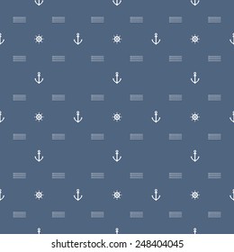 Seamless pattern.  White anchors and steering wheels on blue background