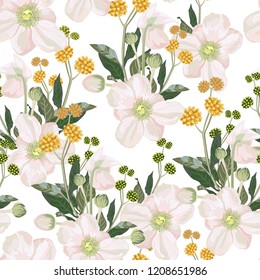 Seamless pattern with white anemone flowers and yellow herbs. Vintage hand drawn vector illustration in watercolor style. White background.