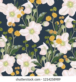 Seamless pattern with white anemone flowers and yellow herbs. Vintage hand drawn vector illustration in watercolor style. Dark blue background.