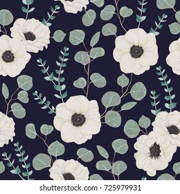 Seamless pattern with white anemone flowers and eucalyptus. Winter floral design for wedding invitation, save the date card, banner, poster. Vintage hand drawn vector illustration in watercolor style