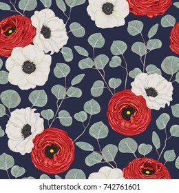 Seamless pattern with white anemone flowers, red ranunculus and silver dollar eucalyptus. Decorative holiday floral background. Vintage vector illustration in watercolor style