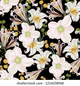 Seamless pattern with white anemone, lilies flowers and yellow herbs. Vintage hand drawn vector illustration in watercolor style. Black background.