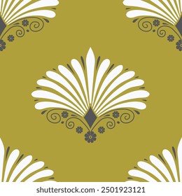 Seamless pattern with white anthemion floral motifs on a golden background. Classic abstract repeat wallpaper.