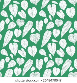 Seamless Pattern of White Anthurium Clarinervium Leaves on Solid Green Background, Heart-Shaped and Elongated Leaf Variations for Continuous Botanical and Tropical Design