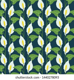 Seamless pattern with white anthurium flowers and leaves
