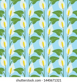 Seamless pattern with white anthurium flowers and leaves