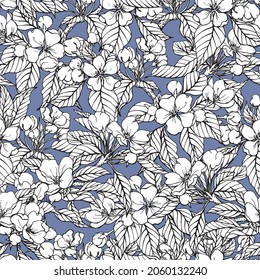 Seamless pattern with white apple blossom trees branches. Hand drawn vector illustration for design package, background, card, textile, fabric.