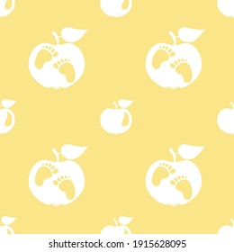 Seamless pattern with white apples and baby feet on yellow background. Funny cute endless backdrop vector illustration	