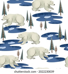Seamless pattern with white arctic bears. Trendy Christmas print