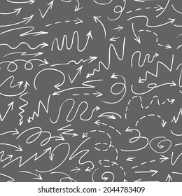 Seamless pattern of white arrows on a dark gray background. Pointers are drawn, as if drawn in chalk on a blackboard. Sketch doodle style. Arrows are curved and straight, solid line and dotted. Vector