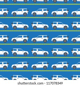 seamless pattern with white automobiles on a blue background. vector illustration
