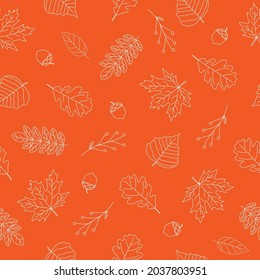 Seamless pattern of white autumn leaves on orange background. Line art design. Doodle style. Background for nature, eco and autumn design. Vector illustration