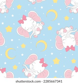 Seamless pattern with white baby elephants, stars and crescent moon. For baby fabric design, wallpapers, backgrounds, wrapping paper, scrapbooking, prints and more. Vector illustration