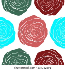 Seamless pattern with white background and abstract red, green and pink stylized roses. Vector illustration.