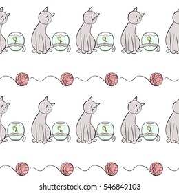 seamless pattern,  white background. cat and fish.