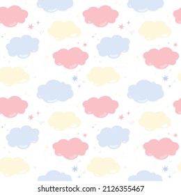 Seamless pattern. White background. Colored clouds and stars vector texture. Fashionable print for textiles and wallpapers.