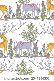 seamless pattern, white background. Forest cute deer animals, green fir, pine twigs, cones, berries, snowflakes. Vector illustration. Nature design. Season greeting. 