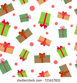 Seamless pattern white background gift boxes random situated. green and red christmas colors, many boxes tied with ribbon, for festive design of greeting cards, wrapping paper, web backdrop, textile.