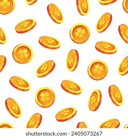 Seamless pattern with white background and gold coins. Falling gold coins with four leaf clover. Vector illustration in cartoon style