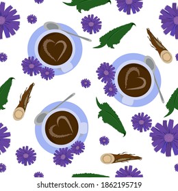 Seamless pattern.On a white background a saucer with a cup of aromatic coffee with the addition of chicory, chicory  root,flowers.Medicina.Vector graphics.