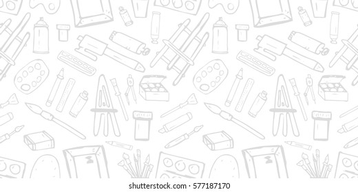 seamless pattern. white background with the tools of the artist. theme of art. handmade. Doodles. It can be used in the design for websites, wallpapers, etc.