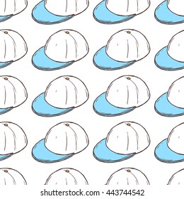 Seamless pattern of white baseball caps with blue visors on white background in isometric view.