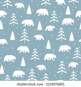 Seamless pattern with white bear with christmas tree and snowflakes. Winter seamless pattern.