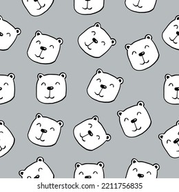 Seamless pattern white bear cute face and head. Hand drawn animal background in child style. Vector illustration used for fabric, textile or fashion, publication