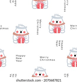 Seamless pattern white bear and  lettering merry christmas and happy new year isolated on white background. Vector illustration.