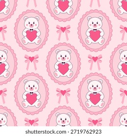 Patrón sin fisuras de osos blancos sosteniendo corazones rosados. Diseño para el día de San Valentín o decoración de baby shower.