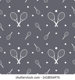Seamless pattern with white beautiful tennis rackets and tennis balls on a navy background. Equipment for tennis on the court.For wrapping paper,sports banners,sites,bags,caps.Vector flat illustration