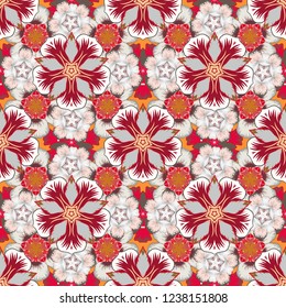 Seamless pattern with white, beige and red grid. Vector square composition of vintage ornament.