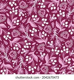 Seamless pattern with white berries on a crimson background in the vector