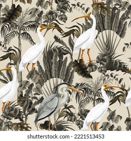 Seamless pattern with white bird and gold trees. Vector