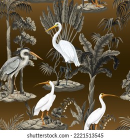 Seamless pattern with white bird and gold trees. Vector