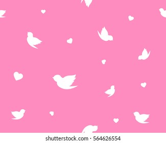 Seamless Pattern with white Birds and Hearts on pink background