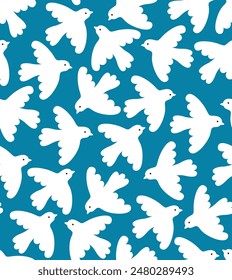 Seamless pattern with white birds jn blue sky. Vector cartoon background in flat style.	