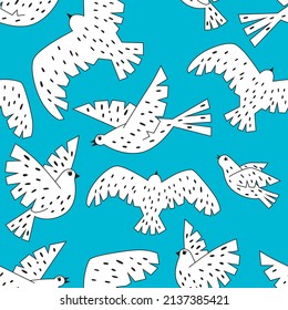 Patrón sin foco con pájaros blancos sobre fondo azul