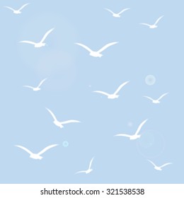 Seamless pattern with white birds silhouettes on she blue sunny sky. Vintage background. Light texture. Vector illustration. 