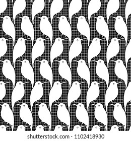 Seamless pattern with white birds in squared background. Nordic style. Black and white.