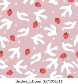 Seamless pattern with white birds, strawberry an d flower. Hand drawn dove and strawberry, cute pattern.