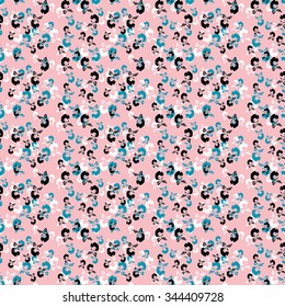 Seamless pattern with white, black and blue elements on pink background