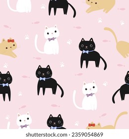 seamless pattern of white  , black , brown cats with bow , fish and paw on pastel pink background vector illustration