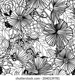 Seamless pattern in white and black colors. Stock vector illustration. Outline drawing. Monochrome hand drawn doodle floral .