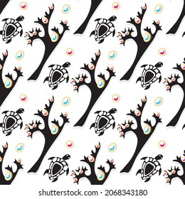 seamless pattern white black coral branches black and white sea turtles gems vector
