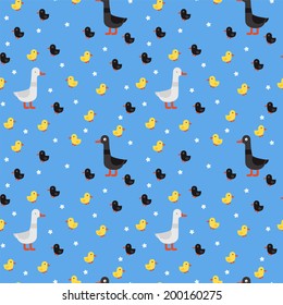 Seamless pattern of white and black ducks with ducklings.