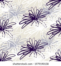 Seamless pattern of white black flowers in continuous line sketch doodle style and gray background. Vector illustration for design fabric, textile, paper