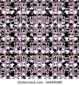 Seamless pattern with white, black and green elements on lilac background
