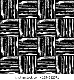 Seamless pattern white black lines squares brush strokes design abstract simple scandinavian style background grunge texture. trend of the season. Can be used for Gift wrap fabrics, wallpapers. Vector