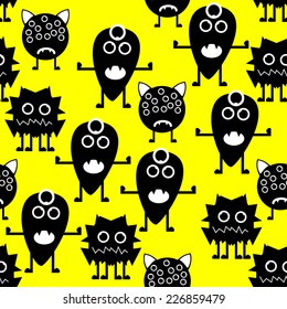 Seamless Pattern. White and Black Monsters on Bright Yellow Background. Vector Illustration